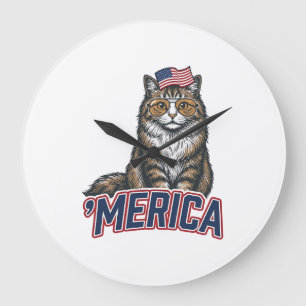 Patriotische Katze Merica Vintage Gravur Shirt Des Große Wanduhr