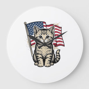 Patriotische Katze mit amerikanischer Flagge Vinta Große Wanduhr