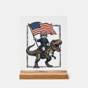 Patriotische Katze reitet auf Dinosaurier Vintage- Acrylschild