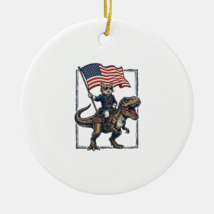 Patriotische Katze reitet auf Dinosaurier Vintage- Keramik Ornament