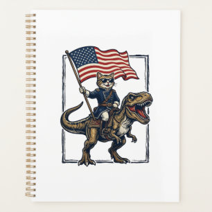 Patriotische Katze reitet auf Dinosaurier Vintage- Planer