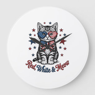 Patriotische Katze Rot Weiß und Miauen Vintage-Des Große Wanduhr