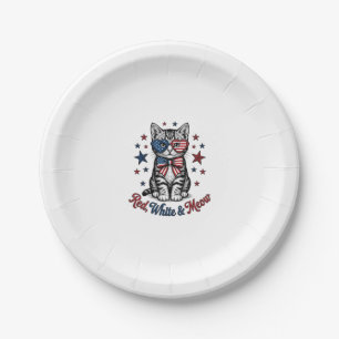 Patriotische Katze Rot Weiß und Miauen Vintage-Des Pappteller