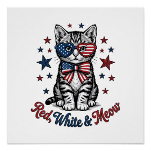 Patriotische Katze Rot Weiß und Miauen Vintage-Des Poster