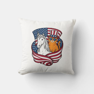 Patriotische Katze und Einhorn Vintage-Vektordesig Kissen