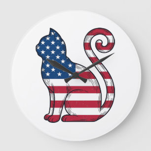 Patriotische Katze Vintage-Stich Vektor-Design_1 Große Wanduhr