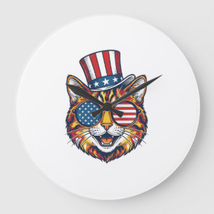 Patriotische Katze Vintage-Stickerei-Shirt-Design_ Große Wanduhr