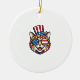 Patriotische Katze Vintage-Stickerei-Shirt-Design_ Keramik Ornament
