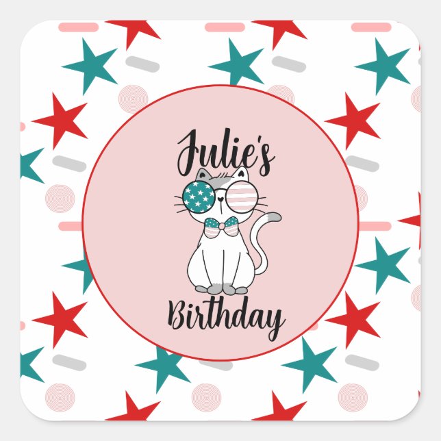 Patriotische Katzen Sprinklen und Stars Geburtstag Quadratischer Aufkleber (Vorderseite)