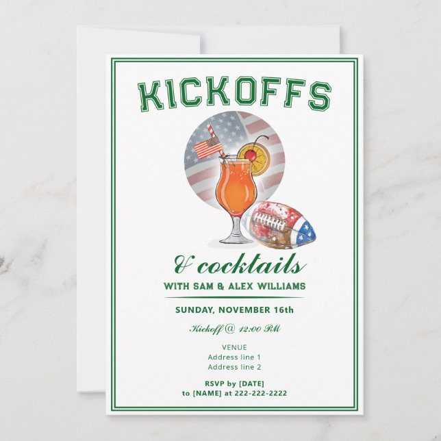 Patriotische Kickoffs & Cocktails Game Day Footbal Einladung (Vorderseite)