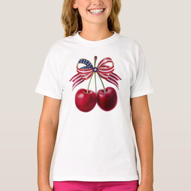 Patriotische Kirschen mit der US-Flagge Ribbon Som T-Shirt (Vorderseite)