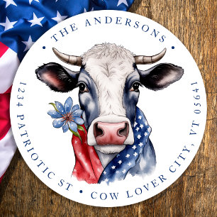 Patriotische Kuh 4. Juli Farm Rücksendeadresse Runder Aufkleber