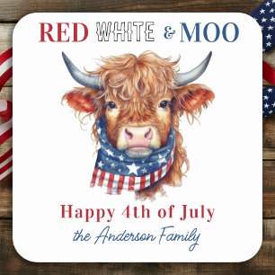 Patriotische Kuh glücklich 4. Juli Red White Blue Quadratischer Aufkleber