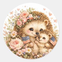 Patriotische Mama & Baby-Igel Wasserfarben-Kunst Runder Aufkleber