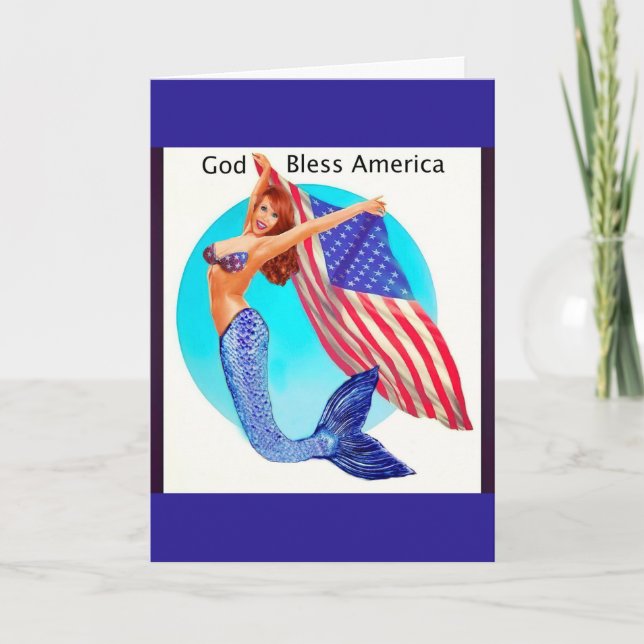 Patriotische Meerjungfrau mit amerikanischer Flagg Karte (Vorderseite)