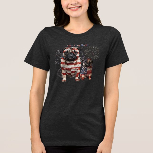 Patriotische Pug-Kunst Tri-Blend Shirt (Vorderseite)