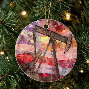 Patriotische Pumpjack-Wasserfarben-Sonnenuntergang Keramik Ornament