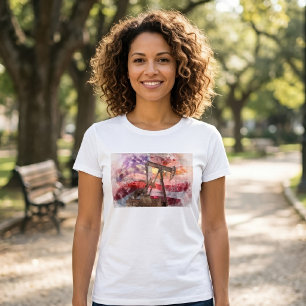 Patriotische Pumpjack-Wasserfarben-Sonnenuntergang T-Shirt
