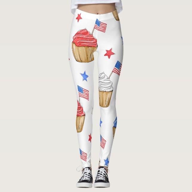 Patriotische Red White Blue Cupcake Flag Star Work Leggings (Vorderseite)