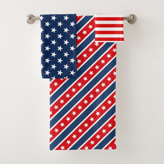 Patriotische Red, White & Blue USA Flaggenmuster Badhandtuch Set (Insitu)
