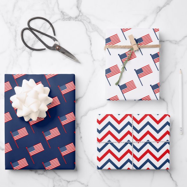 Patriotische Red, White & Blue USA Flaggenmuster Geschenkpapier Set (Vorderseite)