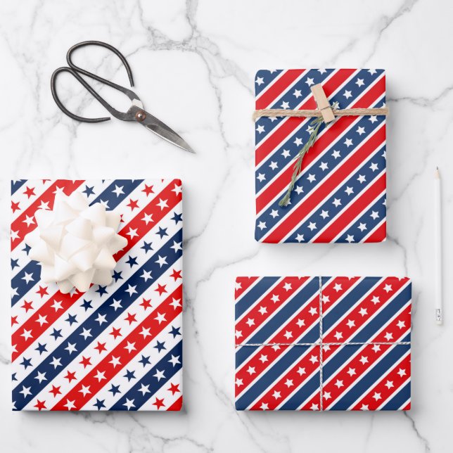 Patriotische Red, White & Blue USA Flaggenmuster Geschenkpapier Set (Vorderseite)