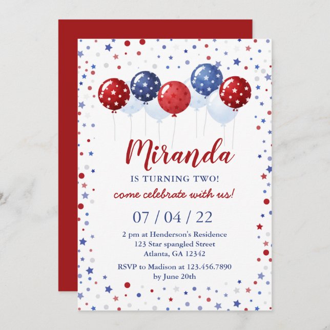 Patriotische Rote und Blaue Balloons 4. Juli Gebur Einladung (Vorne/Hinten)