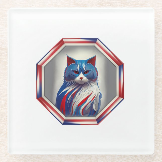 Patriotische rote weiße und blaue Katze im Rahmen Glasuntersetzer (Vorderseite)