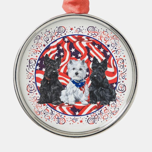 Patriotische Schotten und Westie Ornament Aus Metall (Vorne)
