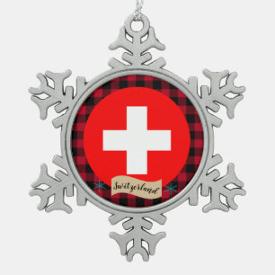Patriotische Schweiz, Büffel kariert, Schweizer Fl Schneeflocken Zinn-Ornament