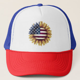 Patriotische Sonnenblume, ländliche amerikanische Truckerkappe