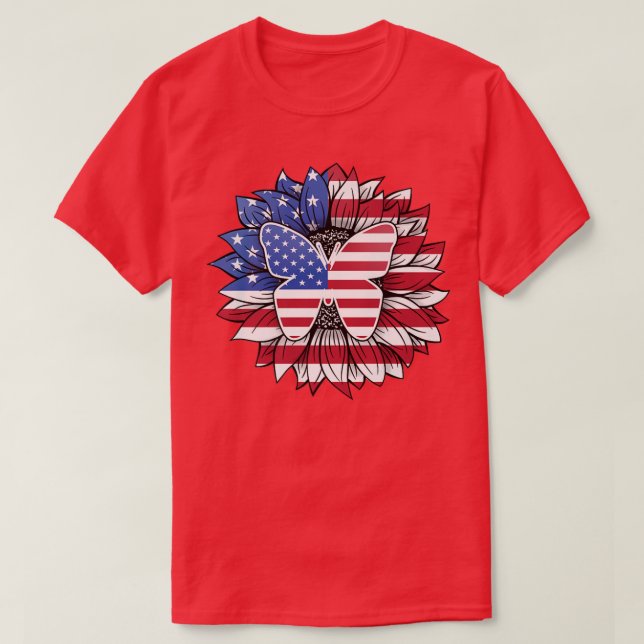 Patriotische Sonnenblume mit Butterfly USA Flag 4. T-Shirt (Design vorne)