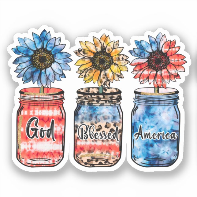 Patriotische Sonnenblumen in Jars | Gott segne Ame Aufkleber (Vorderseite)