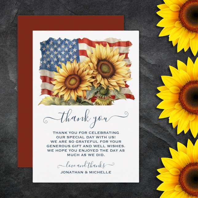 Patriotische Sonnenblumenhochzeit Dankeskarte (Patriotic American Flag Sunflower Wedding Thank You Card)