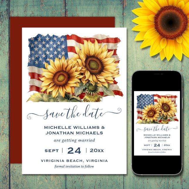 Patriotische Sonnenblumenhochzeit Save The Date (Printed (front and back) and Digital Patriotic American Flag Sunflower Wedding Save The Date)