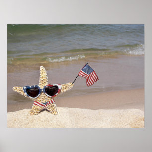 Patriotische Starfish mit amerikanischer Flagge Poster