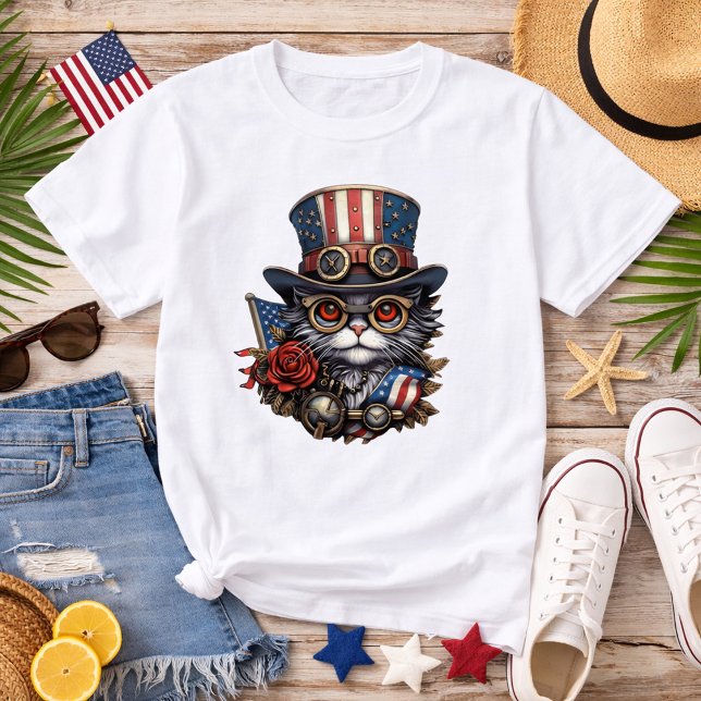Patriotische Steampunk-Katze mit Schutzbrille T-Shirt (Von Creator hochgeladen)