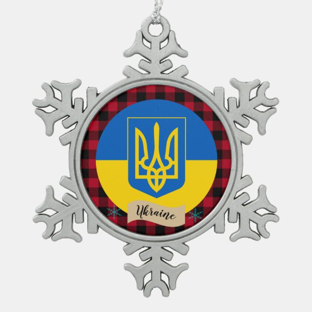 Patriotische Ukraine, Büffel kariert, ukrainische  Schneeflocken Zinn-Ornament (Vorderseite)