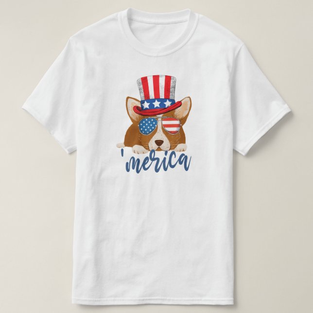 Patriotische US Flagge Hut und Glasses Corgi T-Shirt (Design vorne)