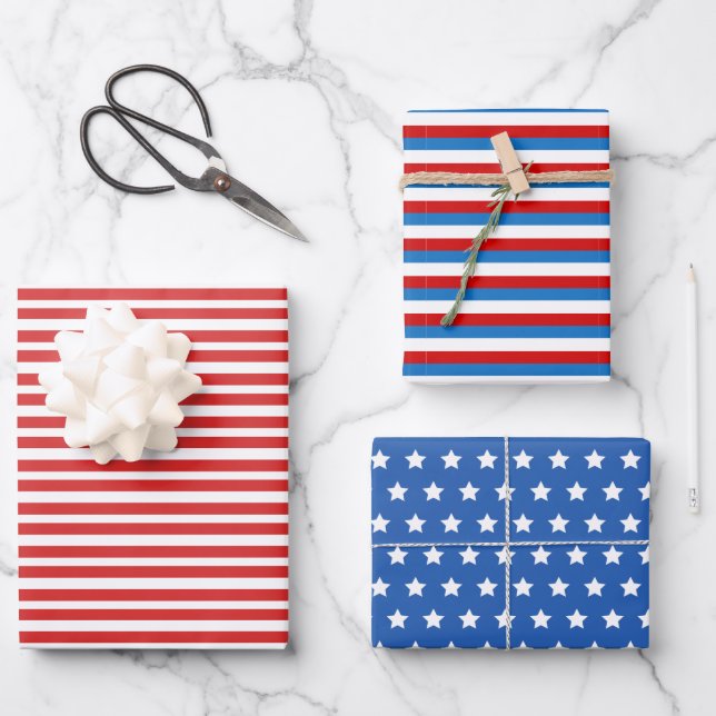 Patriotische US Flagge Rot und Blau 4. Juli Geschenkpapier Set (Vorderseite)