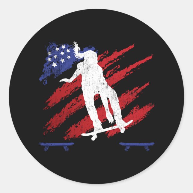 Patriotische USA-Flagge Frauen-Skateboarding Runder Aufkleber (Vorderseite)