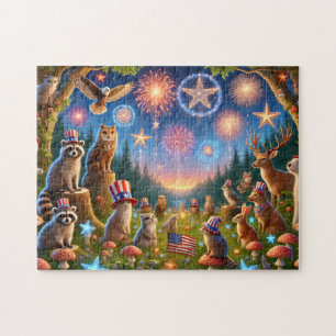 Patriotische Waldtiere 4. Juli Feuerwerk Puzzle