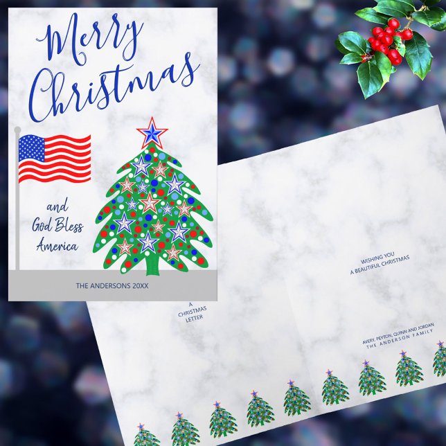 Patriotische Weihnachtsbaumfahne Feiertagskarte (Celebrate Christmas and America with these patriotic Christmas greeting cards)