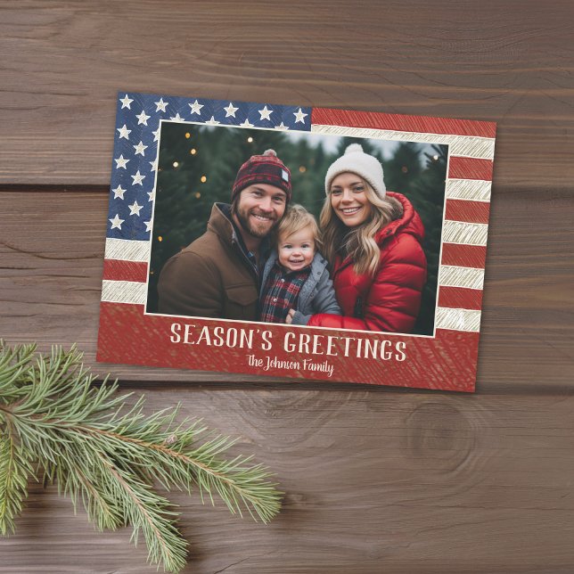 Patriotische Weihnachtsfahne 1 Foto Amerikanische  Feiertagskarte (USA Flag design with a placeholder for 1 photo - Add a greeting and family signature)