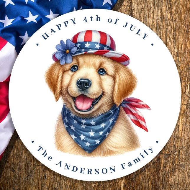 Patriotische Welpe Red Blue Golden Retriever Runder Aufkleber (Von Creator hochgeladen)