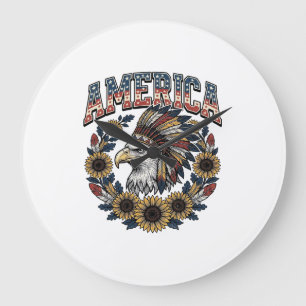 Patriotischer Adler Amerika Sonnenblume Vintage Große Wanduhr
