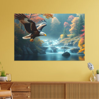 Patriotischer Adler fliegt über Wasserfälle im Her Leinwanddruck
