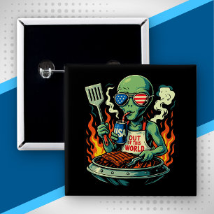 Patriotischer Alien BBQ Grill Amerikanische Flagge Button
