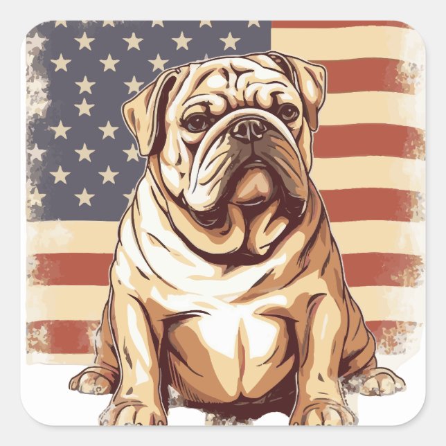 Patriotischer Amerikanischer Bulldogge Quadratischer Aufkleber (Vorderseite)