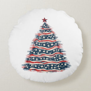 Patriotischer amerikanischer Flaggen-Weihnachtsbau Rundes Kissen
